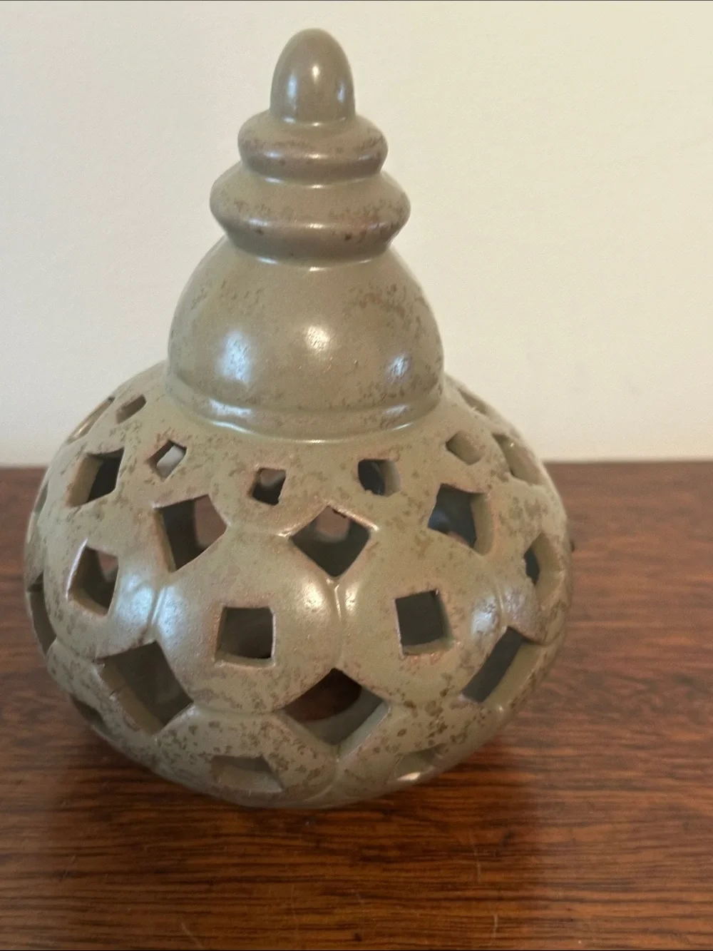 Decorative Lattice Ceramic Jar in Olive Green
